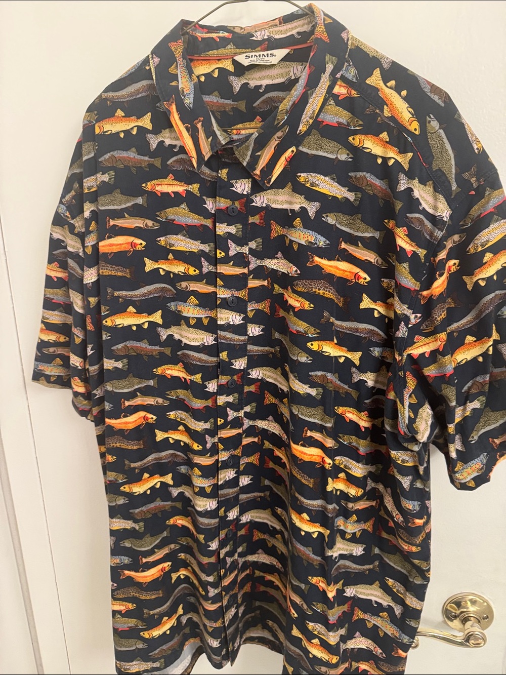 Simms Black Short-Sleeve Button-Down Shirt with Multicolor Fish Print